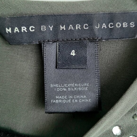 Marc by Marc Jacobs Beluga Olive Green Gray 100% Silk Rhinestone Collar Blouse - Picture 7 of 9